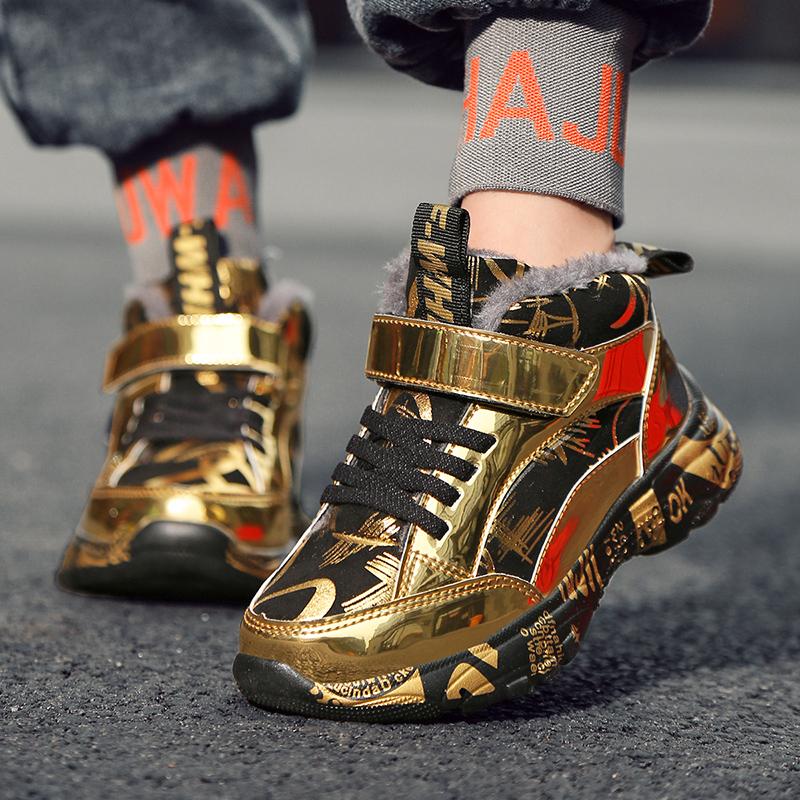 Plüschige High-Top-Wintersneaker für Jungen Luxus Goldglitzer Kinder Designer-Sneaker Bequeme Leder-Kindersportschuhe
