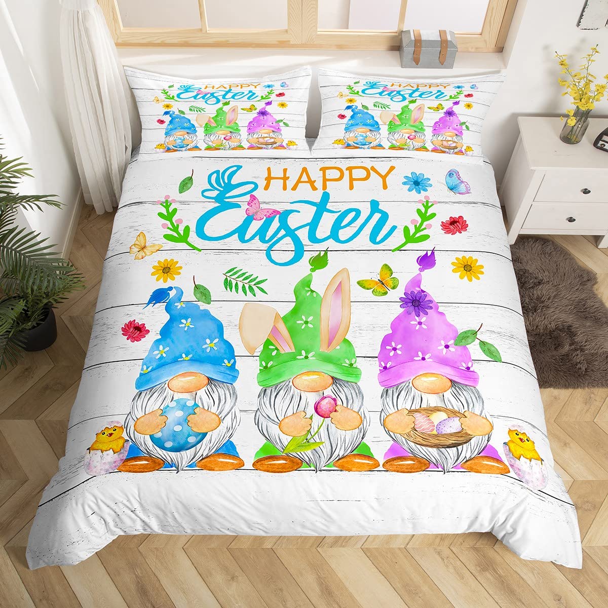 

Easter Rabbit Tail Comforter Cover Pastel Pink Tulip Flowers Bedspread Cover Single Size Easter Eggs Kawaii Animal Bed Linen Package Easter Decor EU single(135x200cm)