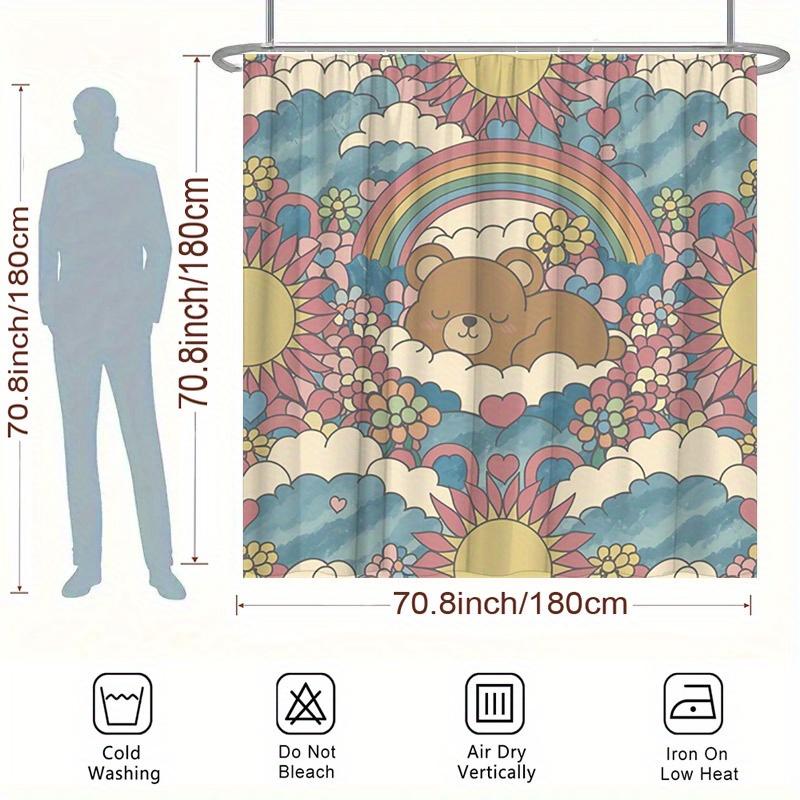 Cute Bear with Rainbow and Flowers Shower Curtain - Water-Resistant, Easy To Clean, Adds a Sweet and Colorful Touch