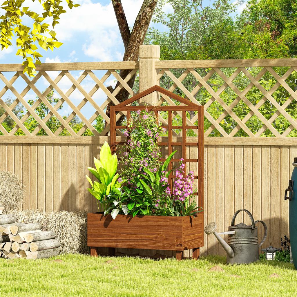 Garden Planters with Trellis for Vine Climbing, Distressed Wooden Raised Beds, 90x43x150cm, Brown
