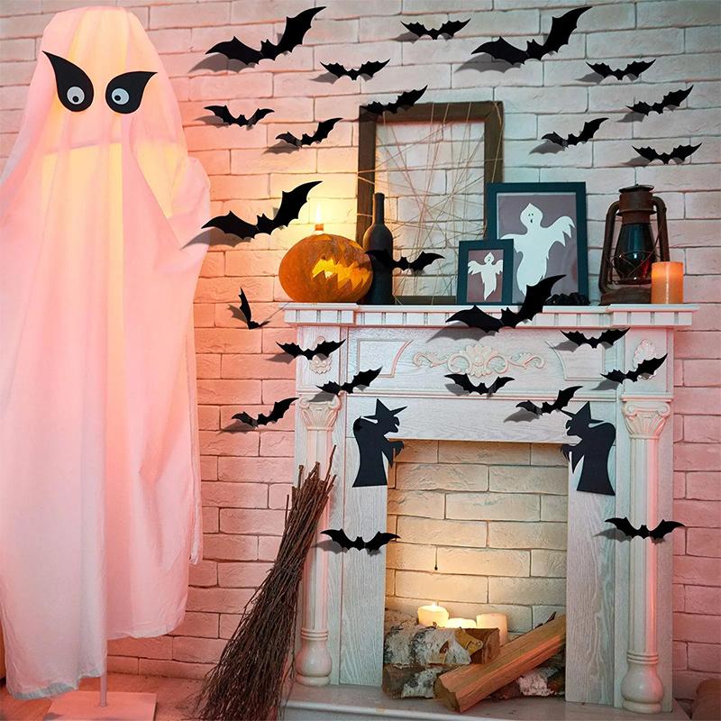 60-180pcs Halloween Bat 3d Black Bat Stickers Supplies Halloween Classic Style Wall Stickers Three-dimensional Spider Decoration