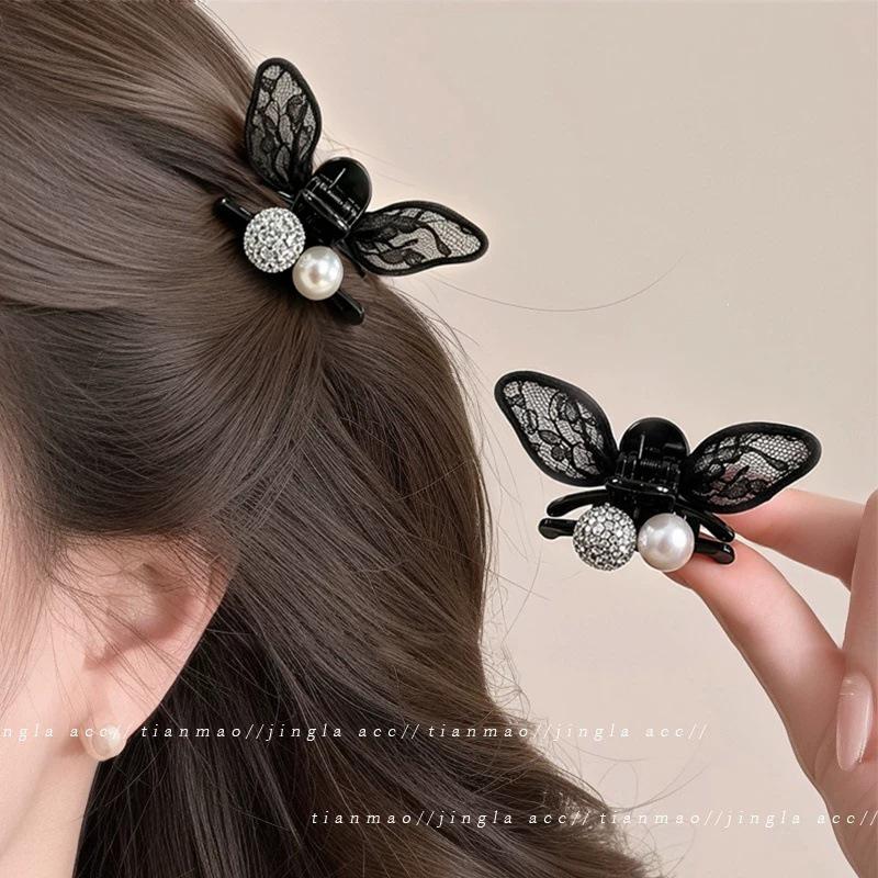 Women's Black Lace Bunny Ear Hair Clip for Bangs