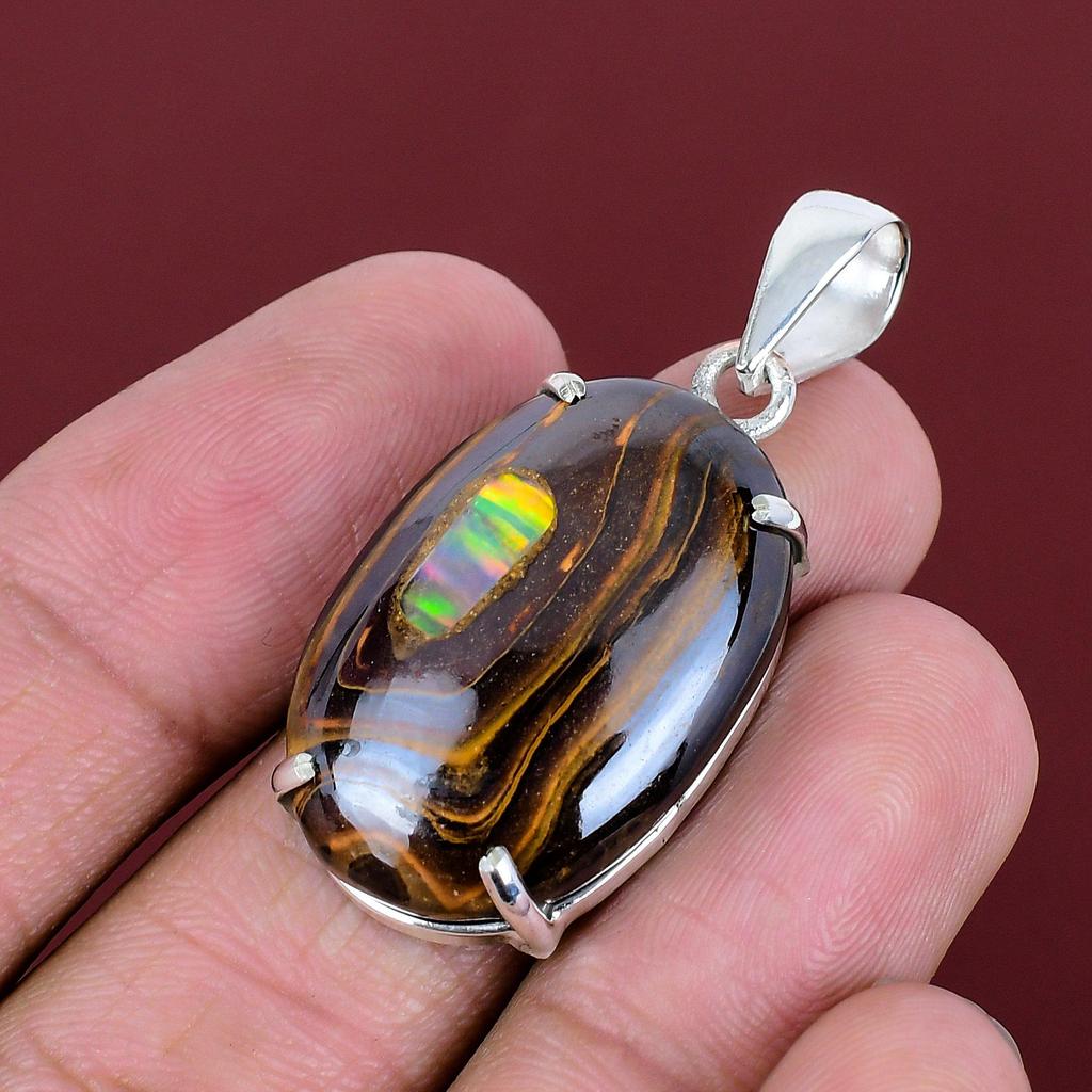 Ethopian opal in boulder opal pendant very pretty gemstone jewelry handmade pendant 925 sterling silver pendant unique pendant gifts for mom