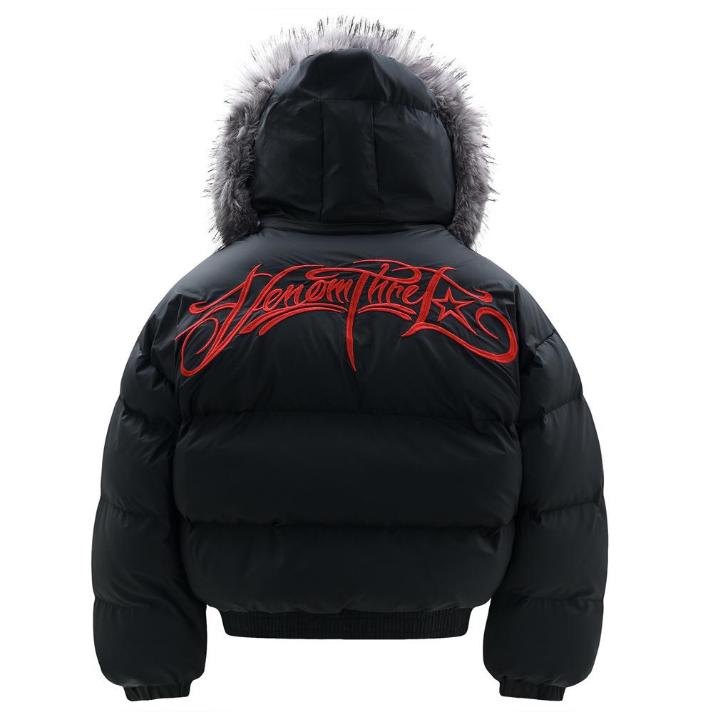 Guochao Men's Hong Kong Style Cotton Jacket with Hood, Fur Collar & Embroidery - Trendy, Loose Fit Outerwear for Boys