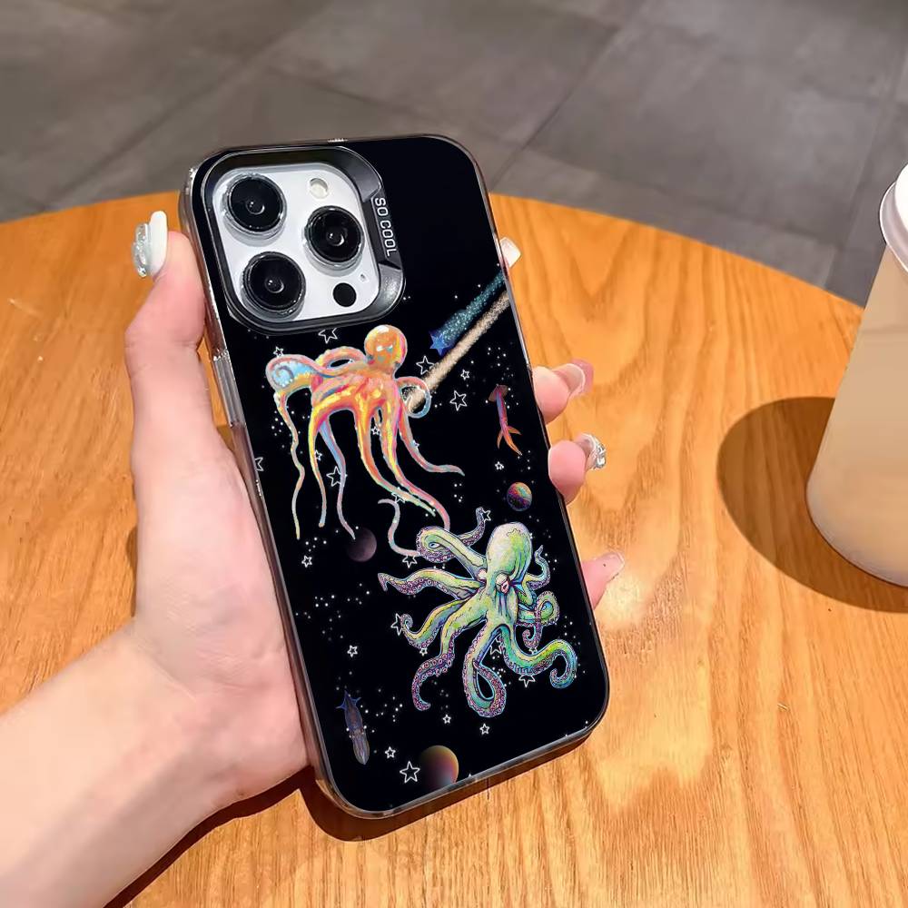 O-Octopus S-Sea Animals O-Ocean Phone Case For iPhone17,16,15,14,13,12,11,Pro,MAX Gray Matte Silicone Black Cover