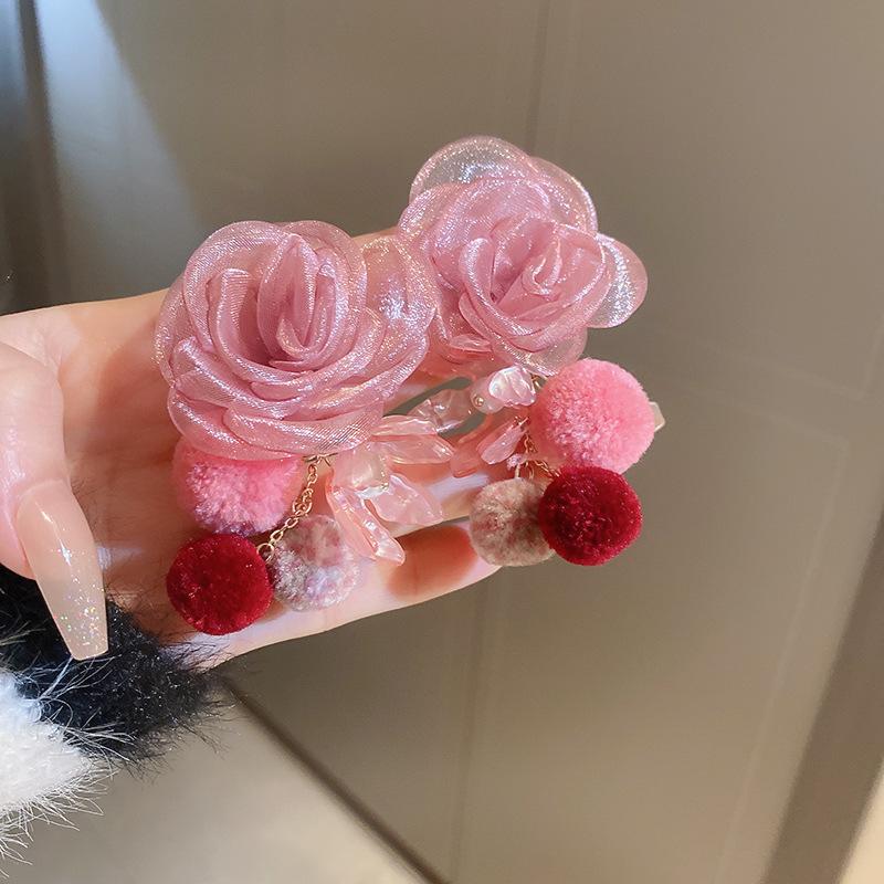 Super fairy pink flower love fringed earrings versatile temperament earrings light luxury earrings women