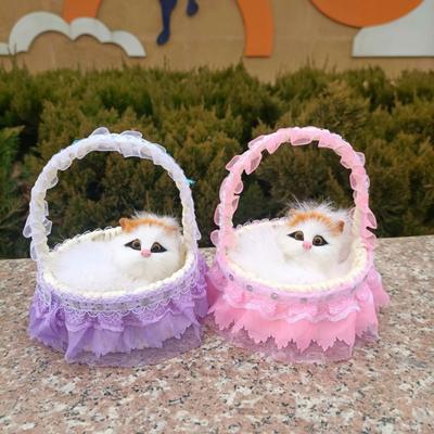 Realistic Cat Toy with Sound Portable Lace Flower Basket Simulated Artificial Fur Kitten Model Decoration Ornament Kids Pet Lovers Birthday Gift