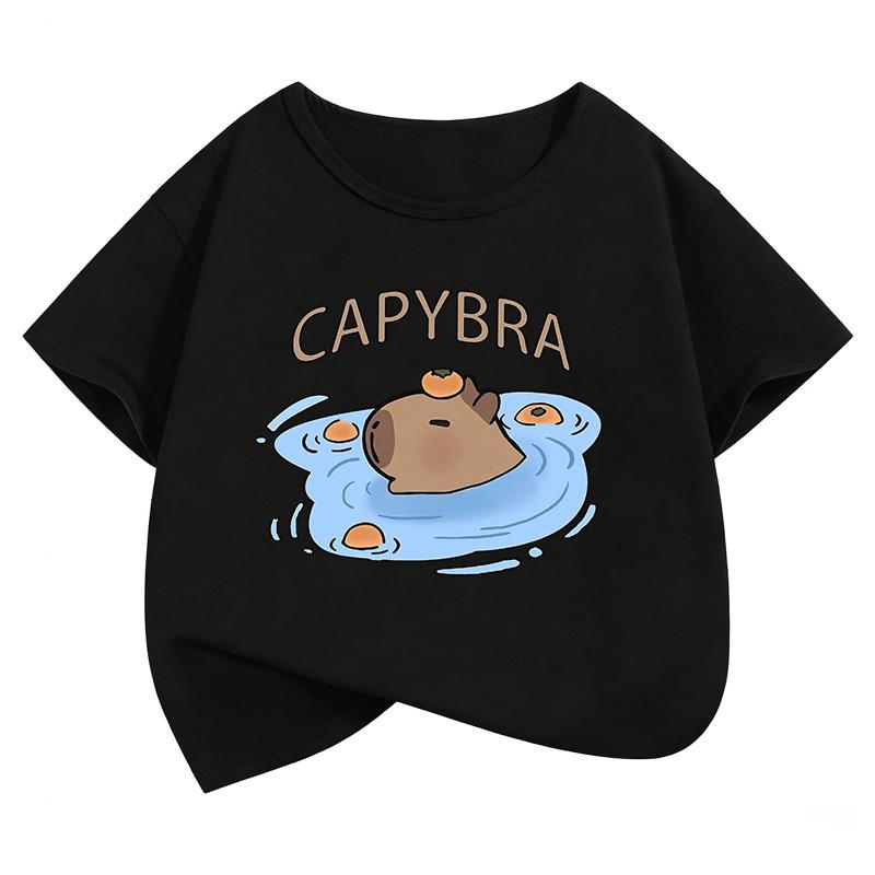 Childrens Swim Capybara Print Design T Shirts Short Sleeve Tees Cartoon Kids Childrens Tshirt Boys Girls Summer Spring
