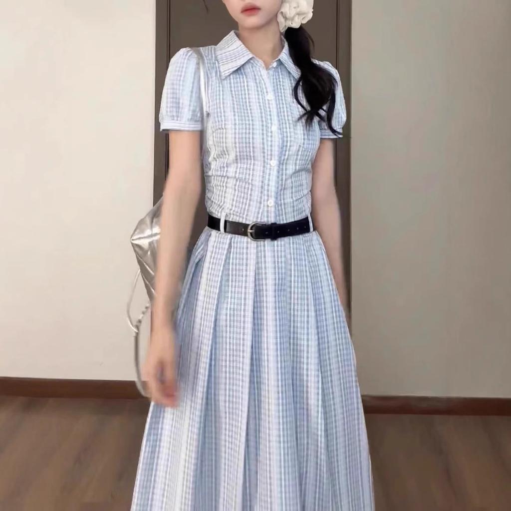 French Temperament Blue High-end Sense Super Good-looking and Thin Summer New Shirt Skirt