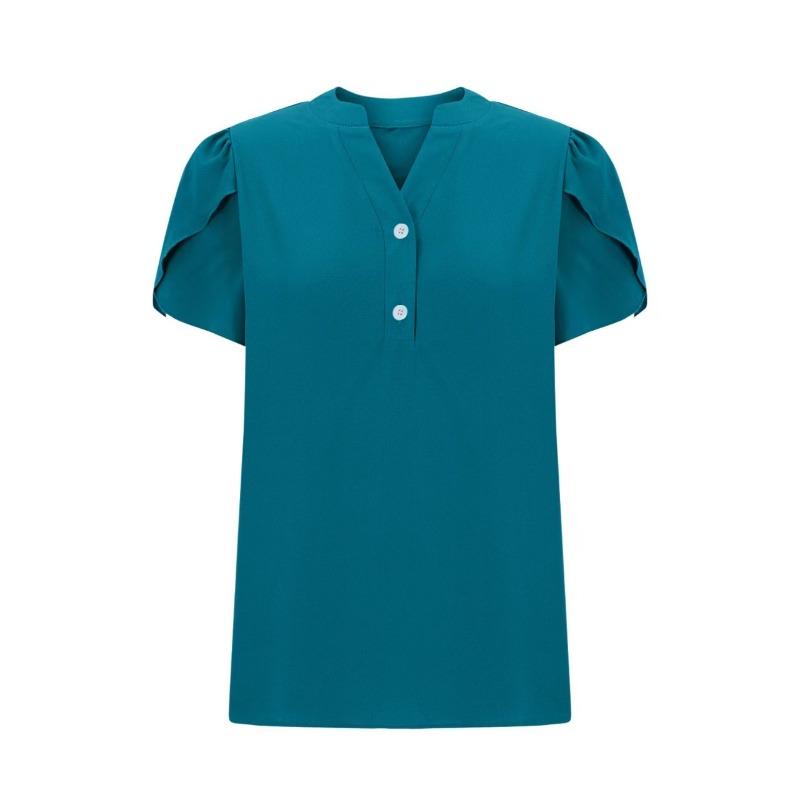 Women S Casual Loose Fit Short Sleeve V Neck Solid Color T Shirt S синий