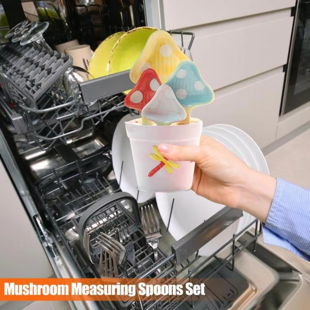4Pcs Ceramic Mushroom Measuring Spoons Potted Coffee Spoon Decorative Tablespoons  Kitchen
