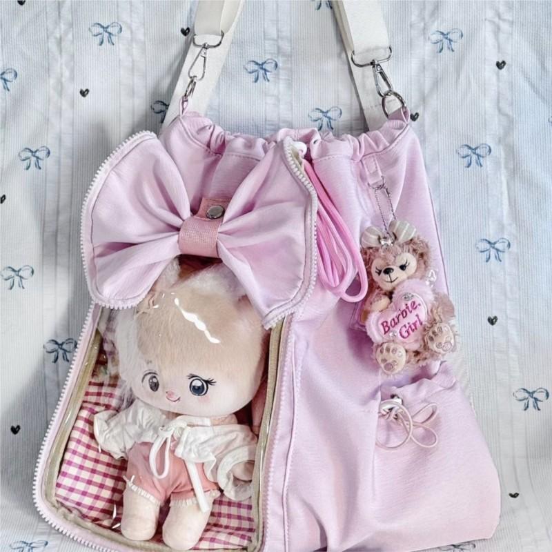 Cute Bow Backpack Ladies Drawstring Harajuku Aesthetic Ita Bag Female Wide Strap 20cm Doll Crossbody Large Capacity Cotton Bag