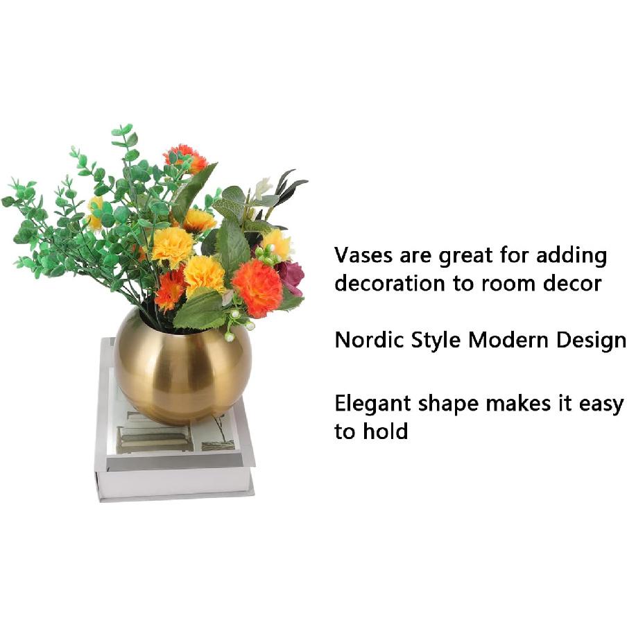 Nordic Style Round Vase Stainless Steel Flower Arrangement Vase Modern Small Flower Vase Vintage Flower Vase for Living Room Bedroom Office(Gold)