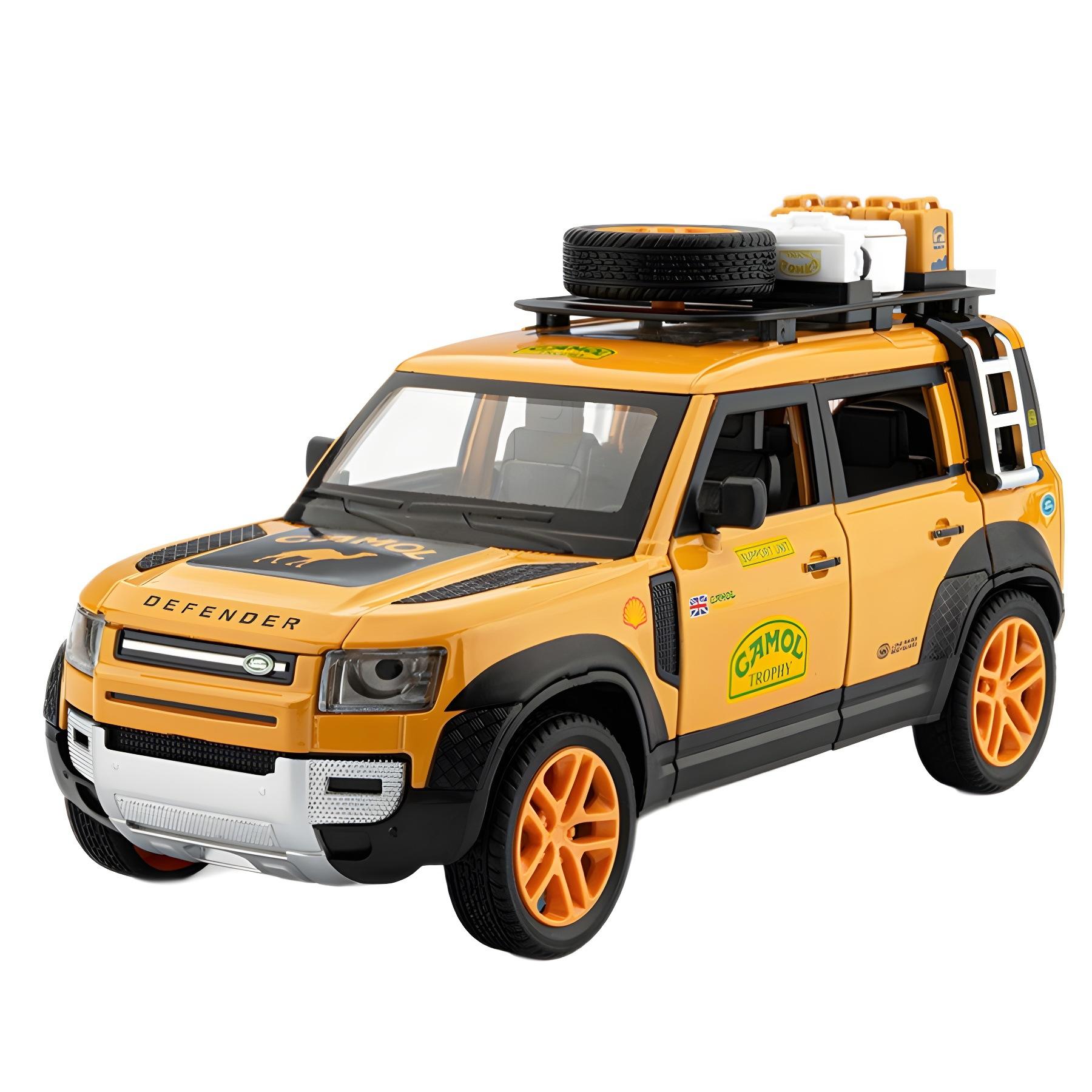 

Модель машины Land Rover Defender Gulf Version 1/24, сплав, со звуком и светом, игрушка для мальчика, внедорожник, миниатюрный автомобиль жёлтый