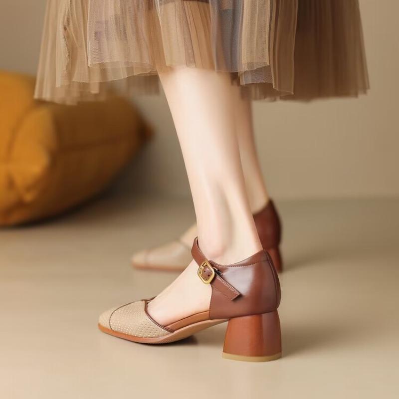 Fashion Spring New Baotou Sandals for Women Square Head Shallow Mouth Leather Air Hole with Soft Sole Non-slip Chunky Heels