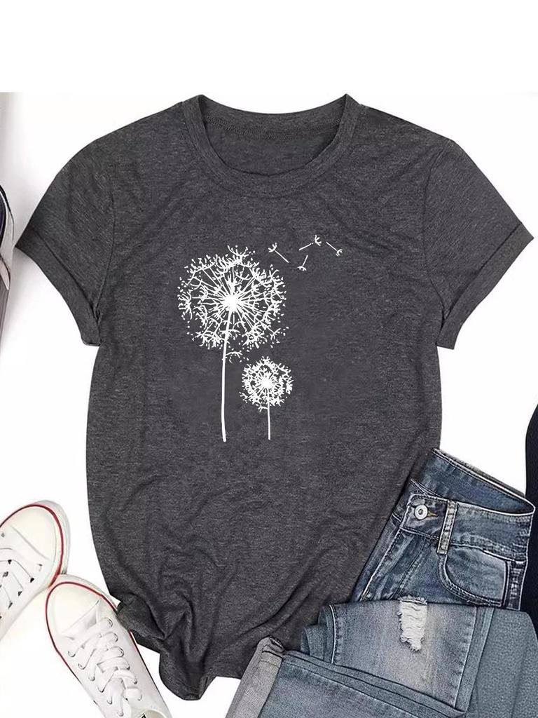 European and American Summer Women's Dandelion Print Round Neck Short-Sleeve Casual T-Shirt