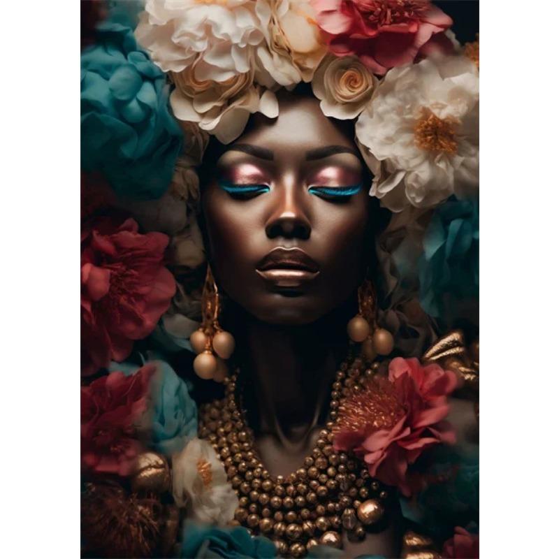 Afro Girl with Flowers Wall Art Pictrues African Beauties Flowers Fashion Canvas Painting Prints Posters for Living Room Decor
