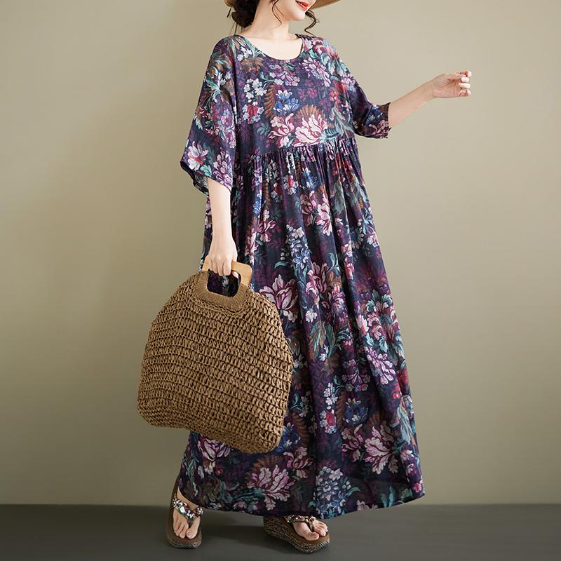 DIMANAF New 2026 Summer Beach Women Plus Size Lady Long Dress Loose Oversize Maxi Floral Print Cotton Vintage