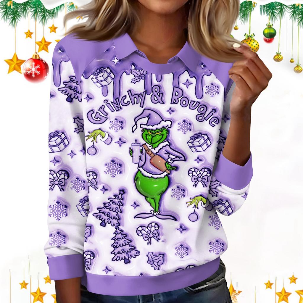 Damenmode Weihnachts-Print Revers Langarm Lässiges Rundhals-T-Shirt Top