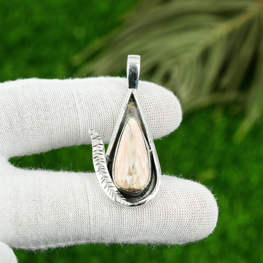925 Silver Pear Scolecite Gemstone Handmade Elegant Engagement Pendant Jewelry