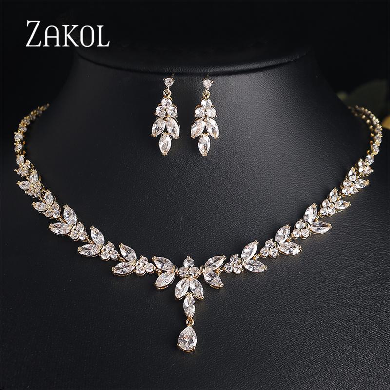 ZAKOL Luxury Cubic Zirconia Necklace Earrings Rings Set for Women Shinny Water Drop Leaf CZ Bridal Wedding Jewelry Sets