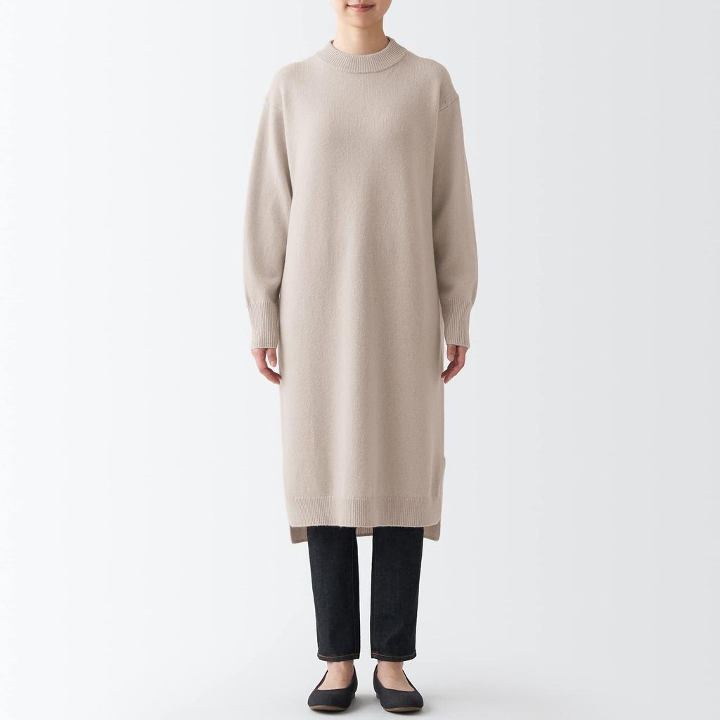 MUJI Women's Mid-Gauge Wool Mock Neck Dress, Sand Beige, Size M (BAJ11A2A)