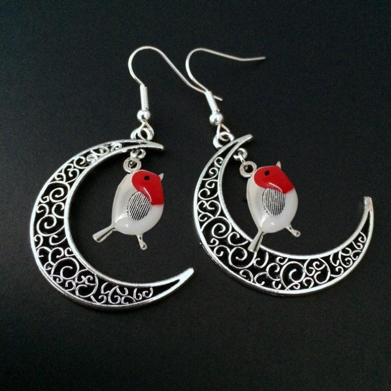 Bohemian Retro Colorful Bird Moon Earrings