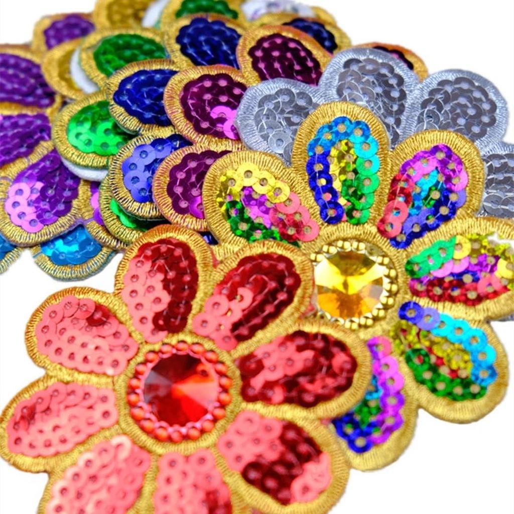 5Pcs Flower Sequined Appliques Beaded Appliques Floral Iron On Patches Repair