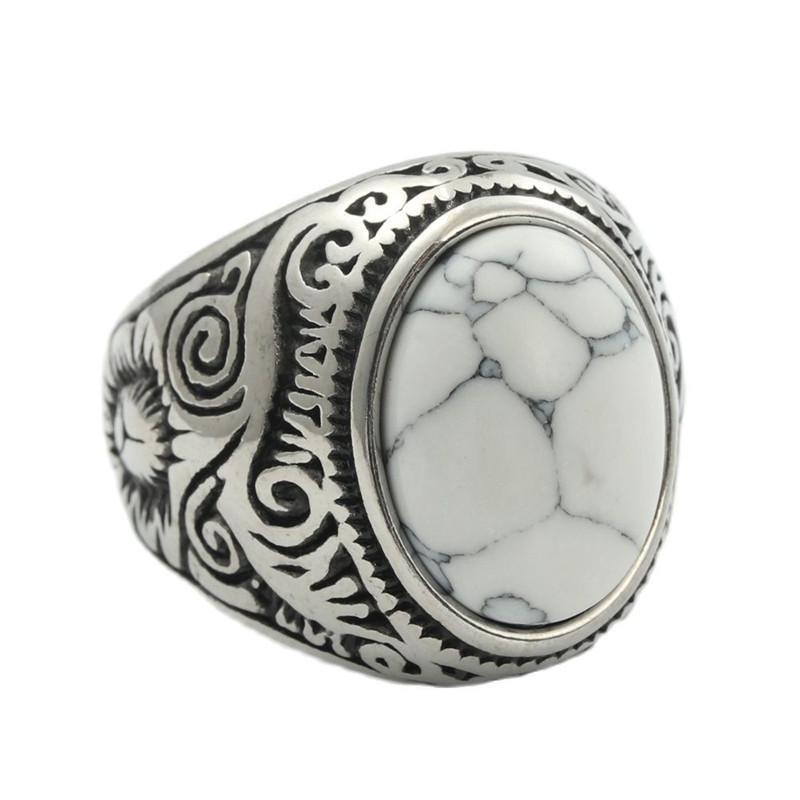 QIBAOKU Neuer Retro-Ring Titanstahl Naturtürkis Tigerauge Stein Ring Trendiger Herren Personalisierter Punk Edelstahlring