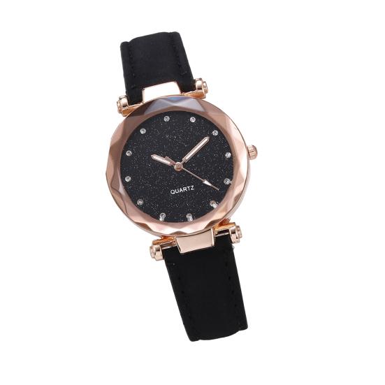 Women Casual Watch Rhinestone Round Dial Faux Leather Strap Ladies Business Formal Dress Quartz Wristwatch Fashion Jewelry Accessory Birthday Gift