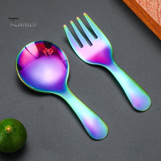 2Pcs/Set Stainless Steel Baby Spoon Fork Set Short Handle Mirror Polished Mini Ice Cream Dessert Tea Soup Spoon Fork Set Kitchen Cutlery Utensils