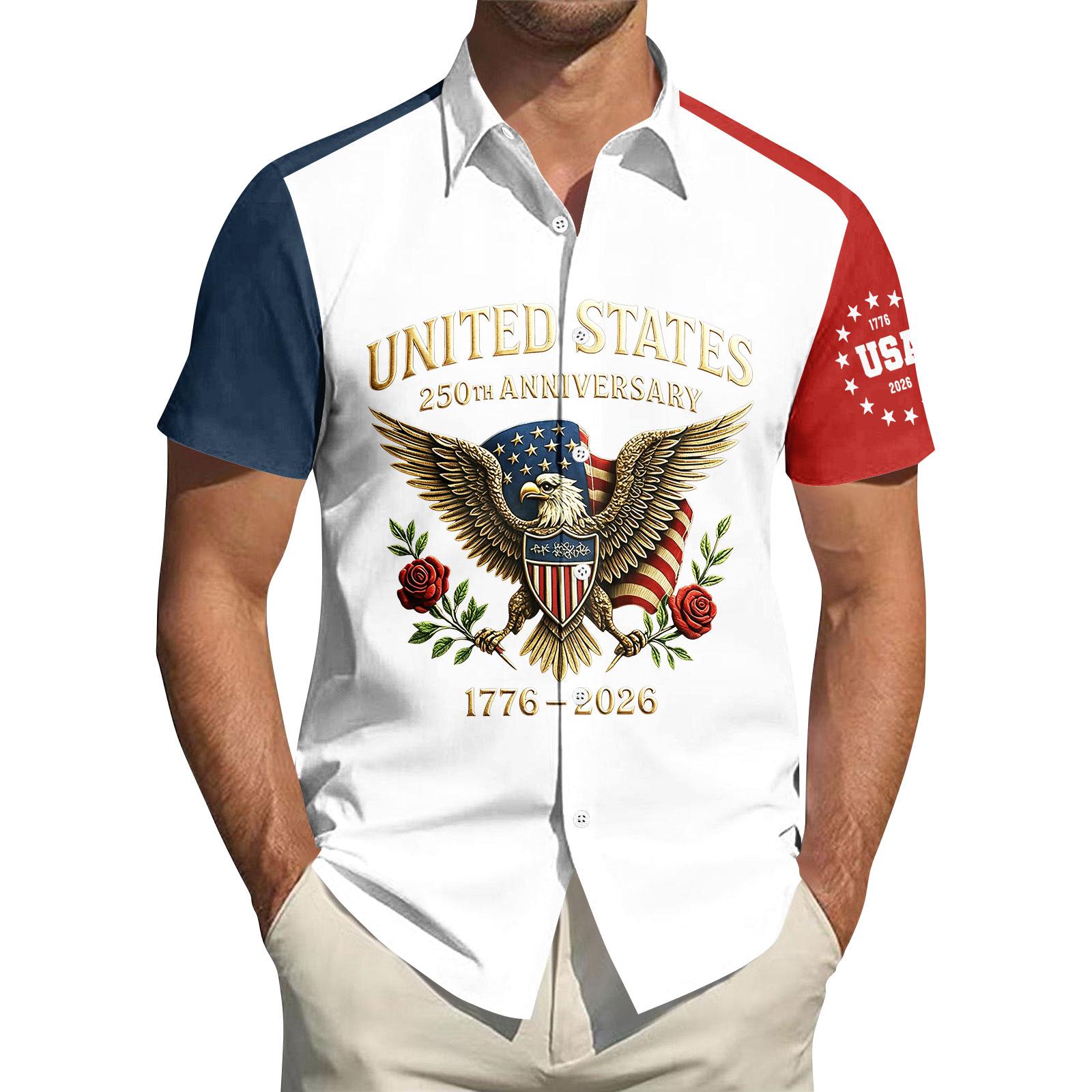 

Men s Short Sleeve Button Up Shirt Casual Sport Shirt with Printed Eagle and Anniversary Design Lightweight Breathable Fabric for Summer XL білий