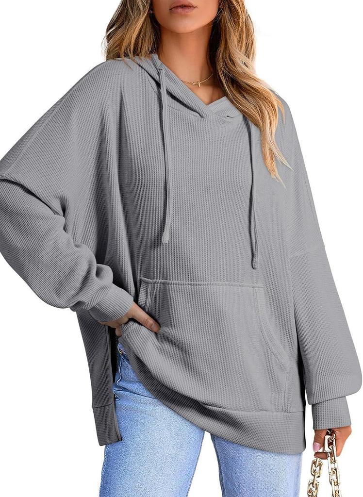 2024 Women's Hooded Waffle Knit Pullover Sweatshirt with Pocket, Long Sleeve, Autumn/Winter
