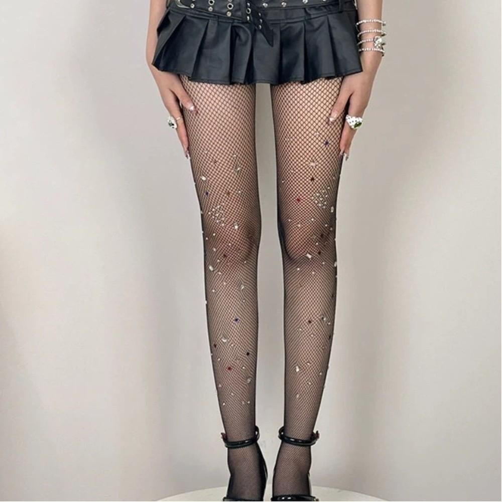 Irregular Rhinestones Colorful Fishnet Stockings Y2k Footed Stockings  Forr Girl Women