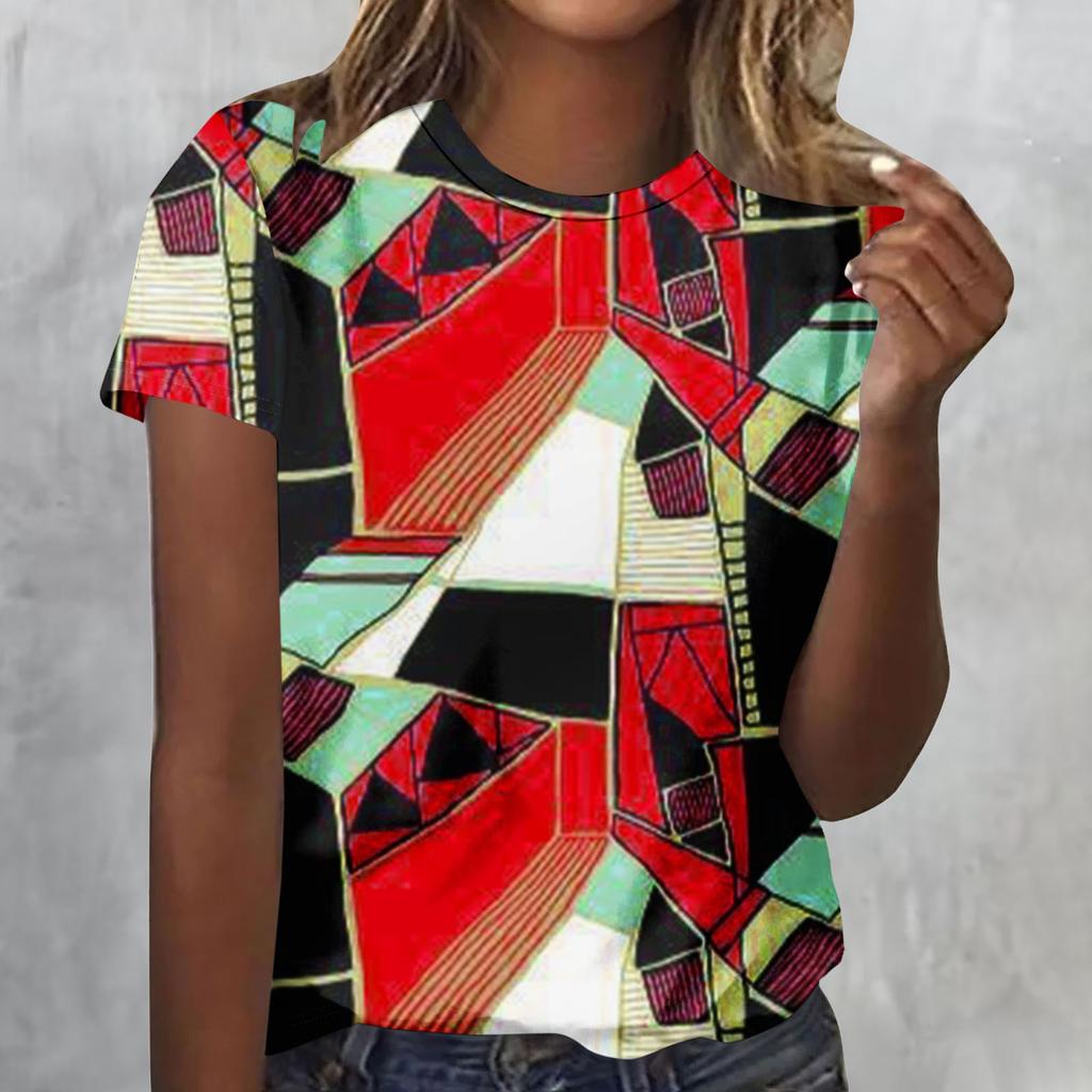 Summer Round Neck 3D Geometric Figure Print Top Fashionable Casual Short Sleeved Women's T-shirts