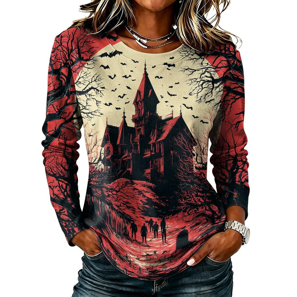 Women's Halloween Print Long Sleeve Top Casual Round Neck T-Shirt for Fall Party Wear