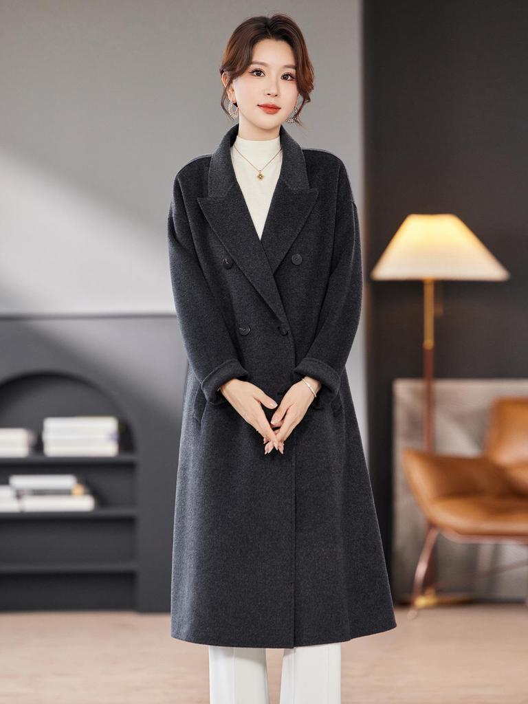 2025 Autumn/Winter Women's Mid-Length Double-Breasted Wool Coat with Belt