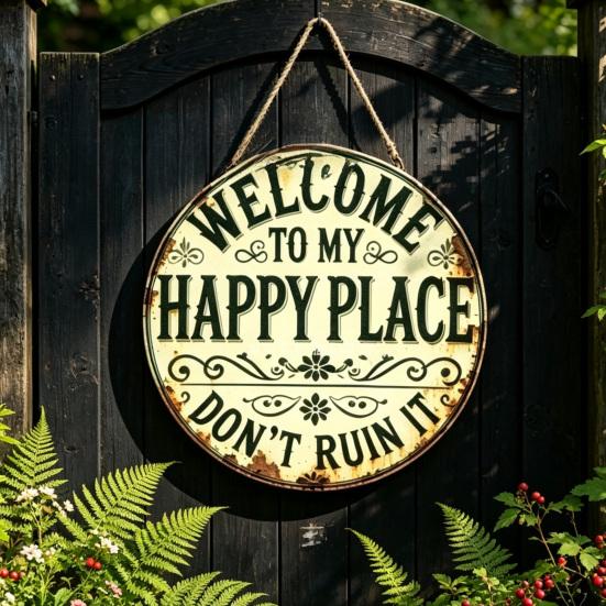 Welcome To My Happy Place Metal Wall Sign Vintage Rustic Round Hanging Door Plaque for Indoor Outdoor Home Office Cafe Yard Decor