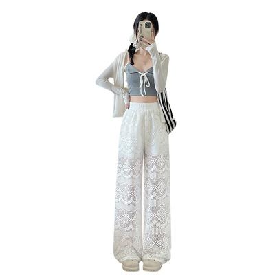 White Lace Waist Lace Wide Leg Pants Summer Women's Drape New High Waist Thin Straight Pants