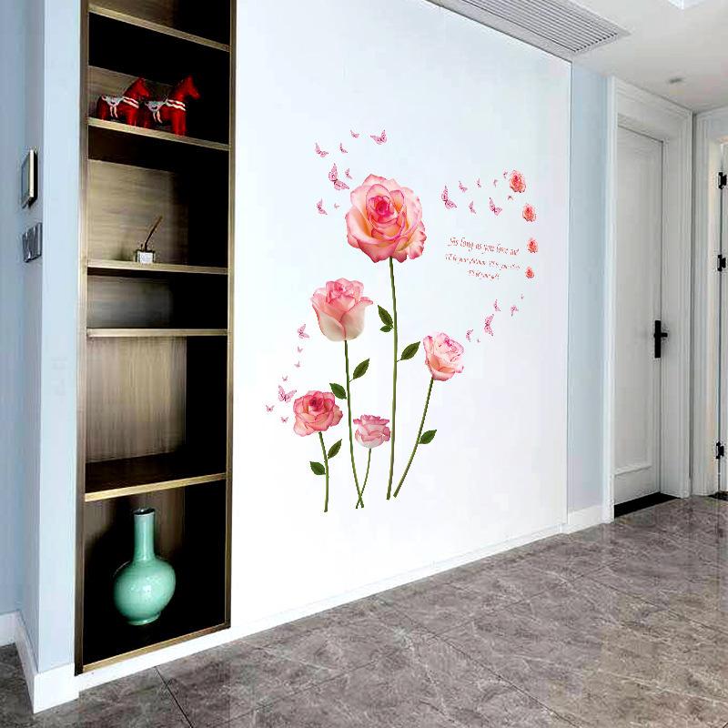 Pink Rose Wall Sticker for Romantic Bedroom Living Room Decor Self Adhesive Decorative Flowers for Doors Walls