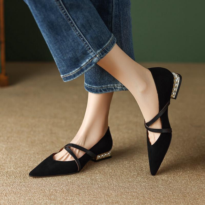 Frühling/Herbst Damenpumps Schafveloursleder Schuhe für Damen Spitzschuh Niedriger Absatz Damenschuhe Überkreuzt Schwarz Schuhe