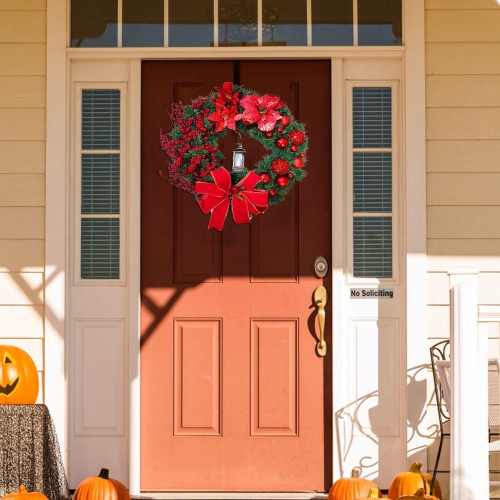 Artificial Berry Garden Wreath With Lamp Bow Ball Big Red Flower Christmas Wreath Fireplace