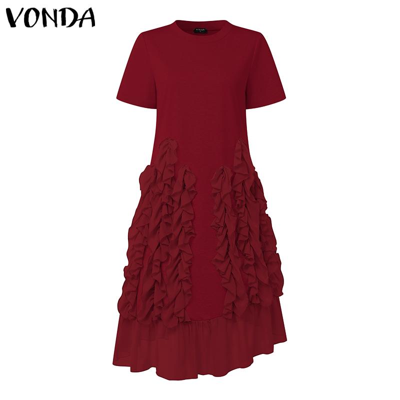 VONDA Women Round Neck Short Sleeve Irregular Ruffled Patchwork Casual Dress
