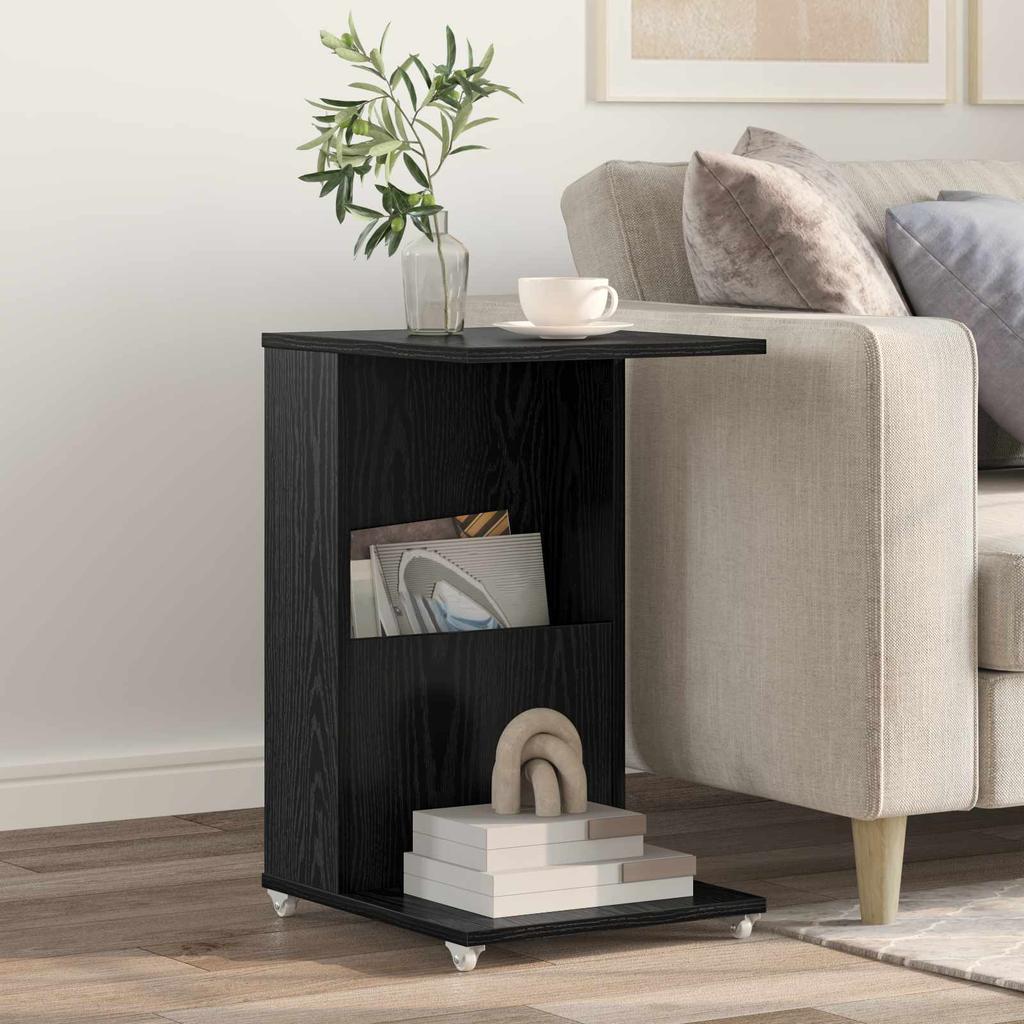 Side Table with Wheels Black Oak Effect 40 X 35 X 60 Cm