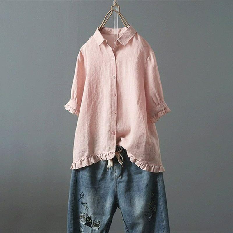 Cotton and Linen Casual Single-breasted Ruffled Short-sleeved Shirt Women