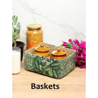 Storage Rectangular Baskets|Cane Or Bamboo Basket|Wicker Basket As Gift Hamper Basket/Rattan Wardrobe Basket (Green Leaf)