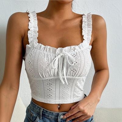 Women White Eyelet Embroidered Ruffle Strap Tie Front Crop Cami Top