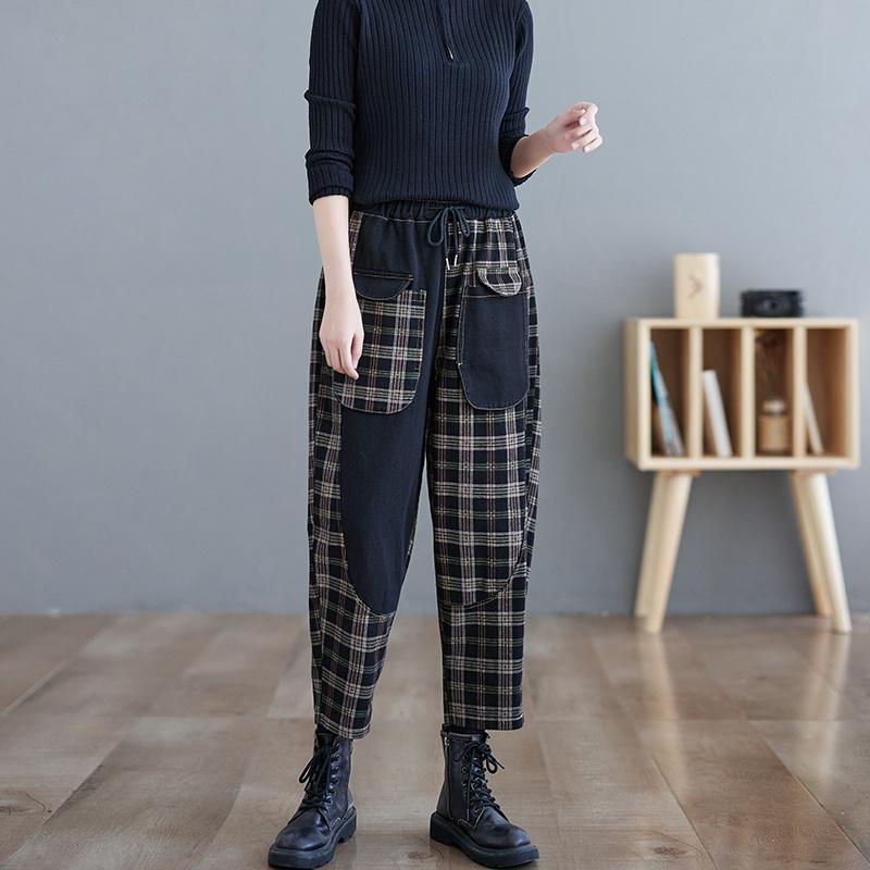 Plaid Patchwork Artistic Jeans for Women In Winter, Loose Fit Plus Size, Fashionable and Versatile Harem Pants