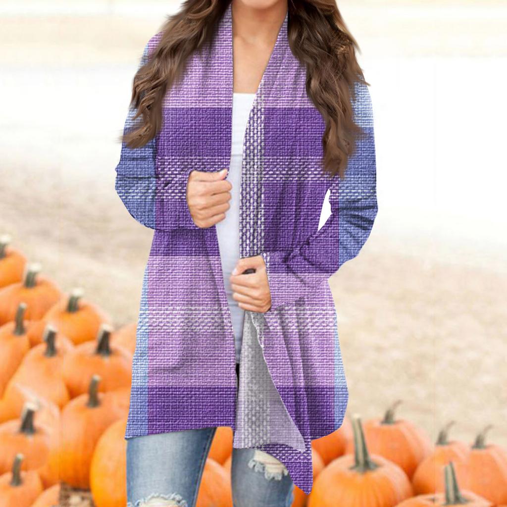 Damska codzienna moda w kratę, kardiganowa kurtka z półotwartym kołnierzykiem, średniej długości, z nieregularnym dołem