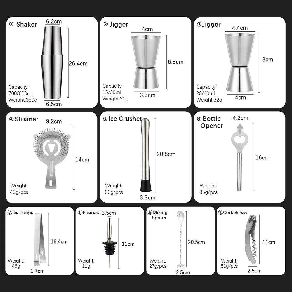 14pcs/set Mixology Bartender Kit Cocktail Shaker Set with Boston Shaker/ Jigger/ Pourers/ Ice